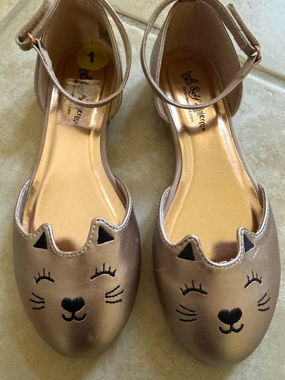 Self Esteem Rose Gold Cat Face Ankle-Strap Flats for Kids